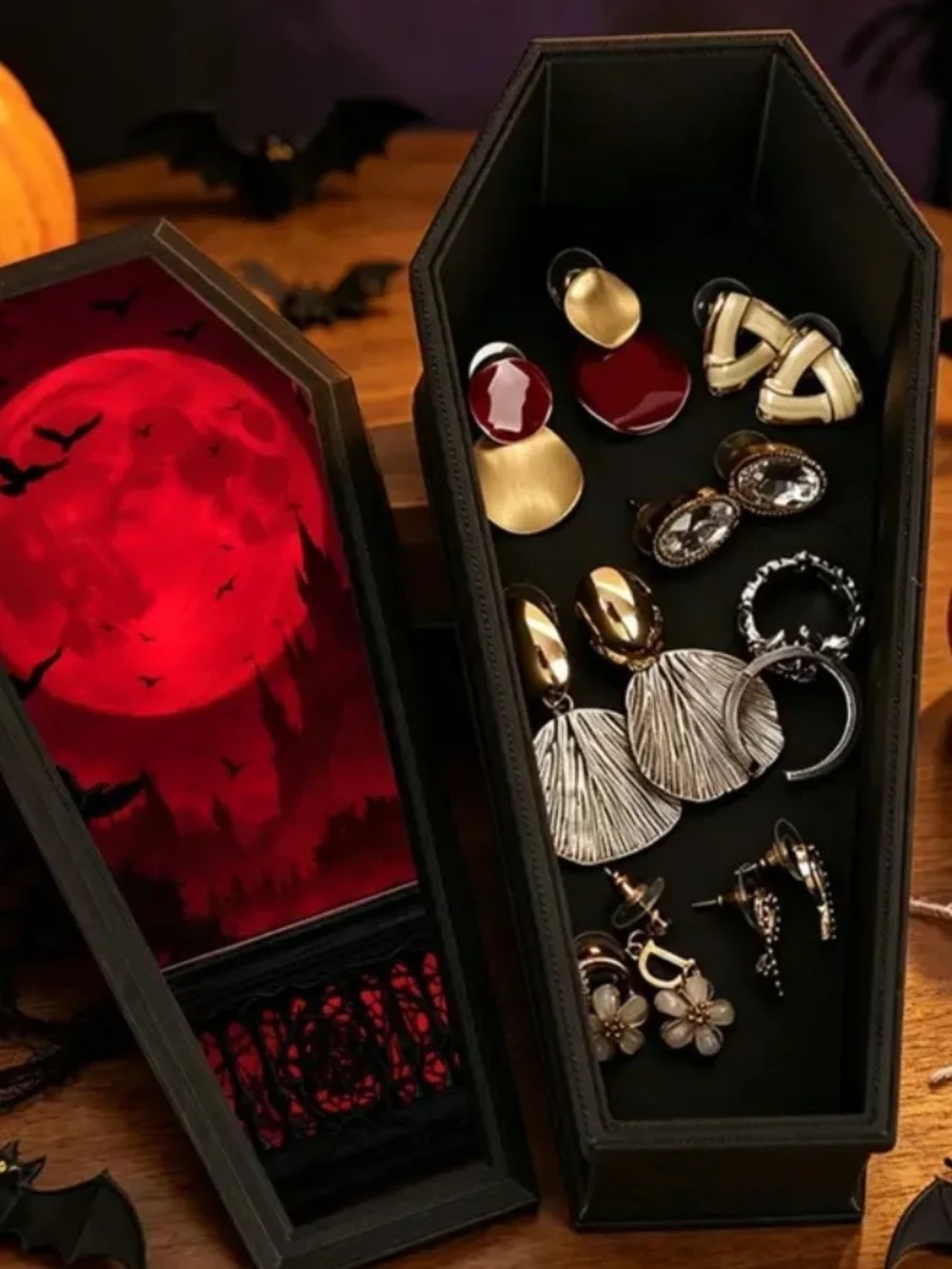 Gothic Coffin Jewelry Box with Red Moon Artwork
